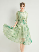 Womens Silk Chiffon Midi Dress Half Puff Sleeve Floral Silk Dress